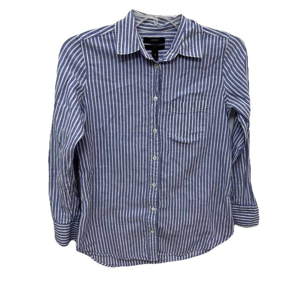 J. Crew Women's Blue and White Striped Button-down Shirt. Size 0P Long Sleeve